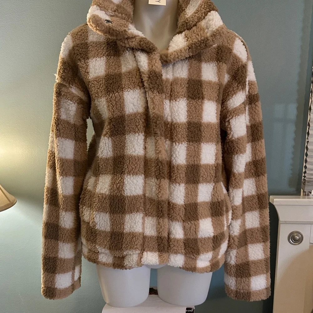 78 & Sunny Cozy Checkered Teddy Jacket - Tan and White NWT medium